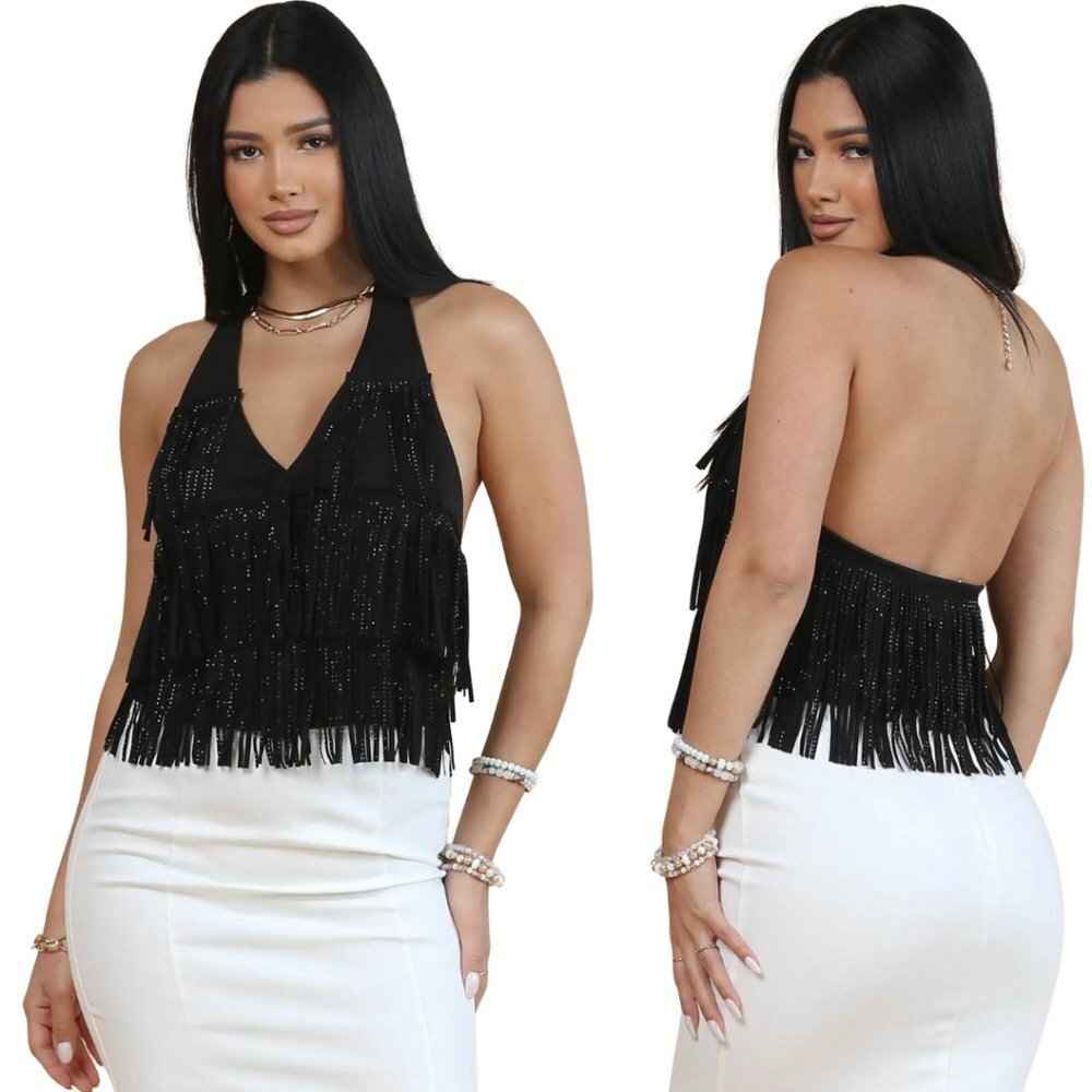 NYLON APPAREL Sparkle Fringe Button Front Western Cha cha Halter Top NWT